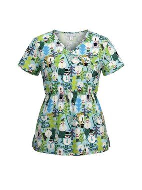 Serene Uniforms Womens Snowman Print Scrub Top V-Neck Short Sleeve Size M